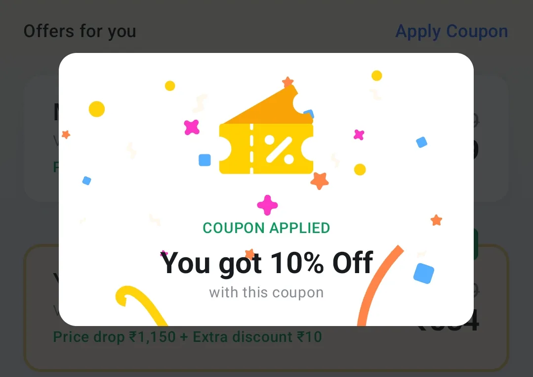 Coupon applied, 10% discount received on testbook coupon code for pass pro