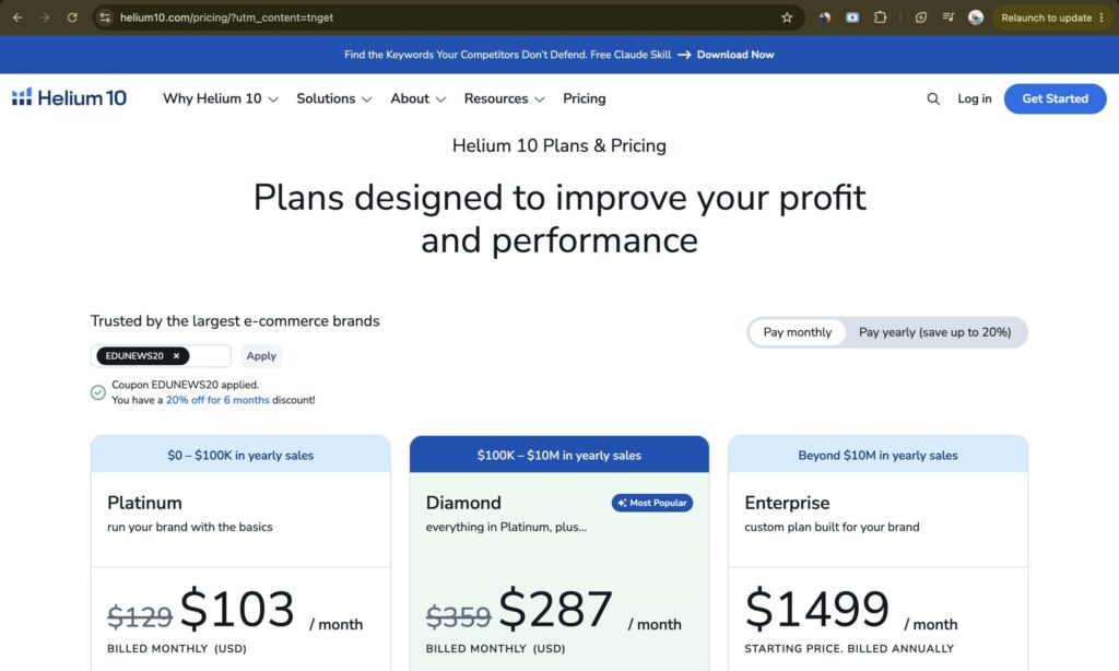 Helium 10 checkout with the EDUNEWS20 coupon field